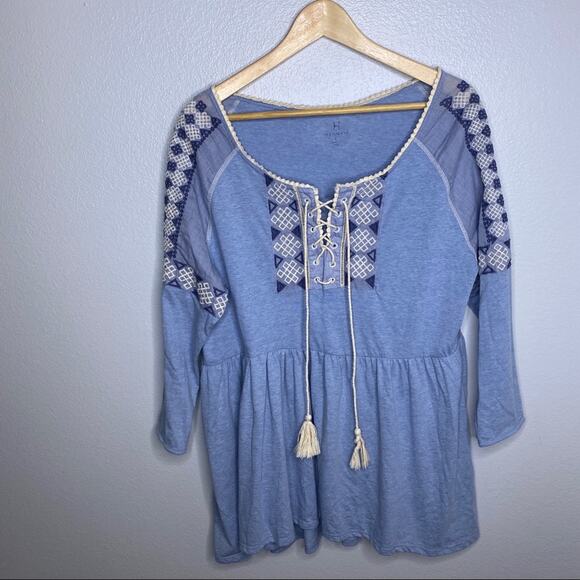 Hannah Tops - Hannah Blue Embroidered Tie Up Top Large